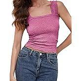 PICPUNMAK Women Square Neck Wide Straps Crop Tank Tops Flower Lettuce Trim Crop Vest Slim Fitted Sleeveless Cropped Cami Top