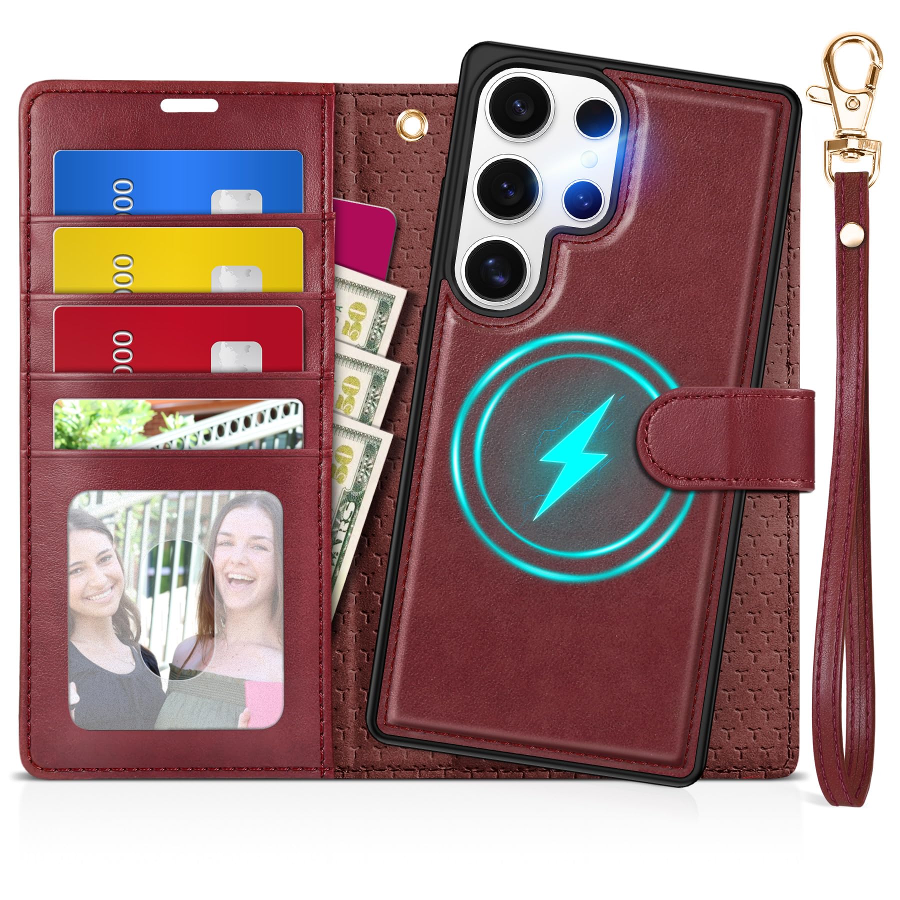 Photo 1 of TUCCH Case Wallet for Galaxy S25 Ultra, Detachable Wrist Strap [Wireless Charging] RFID Blocking 4 Card Holder, Removable Stand PU Leather Flip Shockproof Phone Cover for Galaxy S25 Ultra, Dark Red