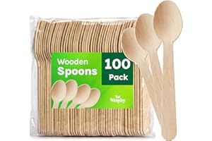 Wrapley 6.25” Disposable Spoons, Durable & Smooth Wooden Utensils, Eco Friendly & Compostable Spoons for Parties, Ice Cream, 