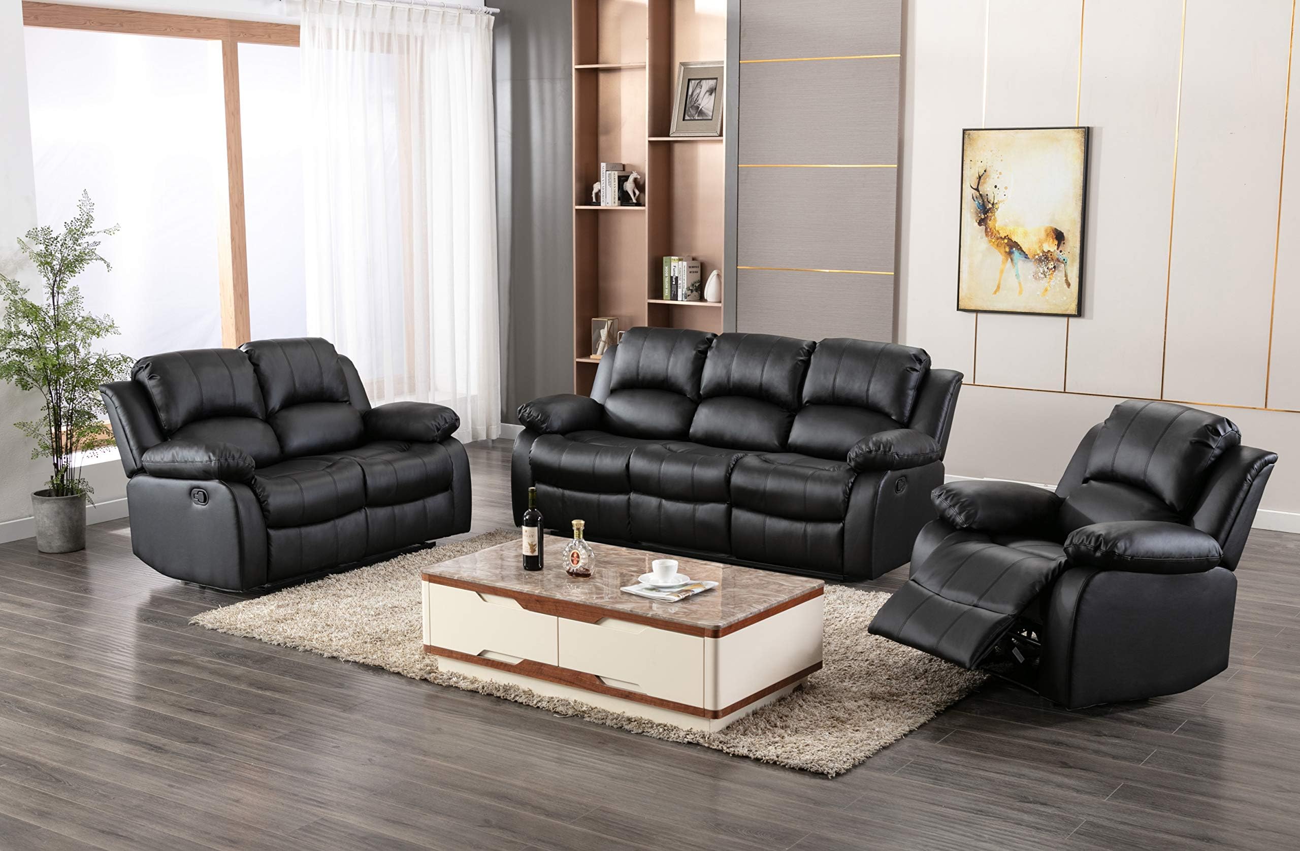 Athon furniture Black 3+2+1 seater, Double, Armchair Recliner Full Sofa set, Quality Leather settee, Couche suite