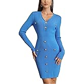 M.Infisavo Womens Sweater Knit Bodycon Dress, V Neck Mini Casual Dresses Long Sleeve Button Down Vintage Fall Elegant Outfit