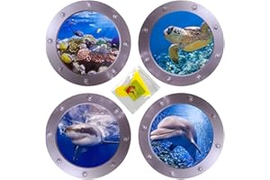OTDCGI 4 PCS Ocean World Wall Window Stickers, 11 Inches Porthole 3D Sea Turtle, Shark, Dolphin Window Sticker Sea Life Wall Window Decor