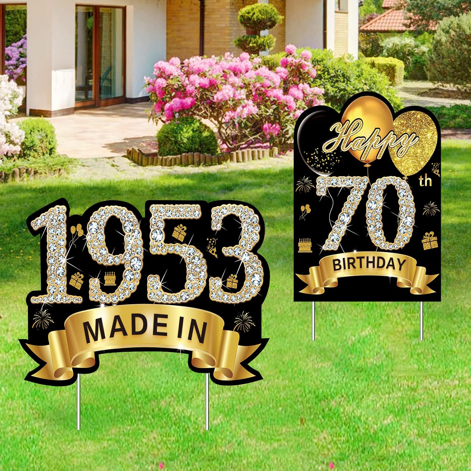 Yard Signs - 2Pcs Black Gold 70th Birthday Yard Sign Decorations for Men Women, Happy 70 Birthday Made in 1953 Lawn Sign Party Supplies, 70 Year Old Birthday Yard Decor with Stakes