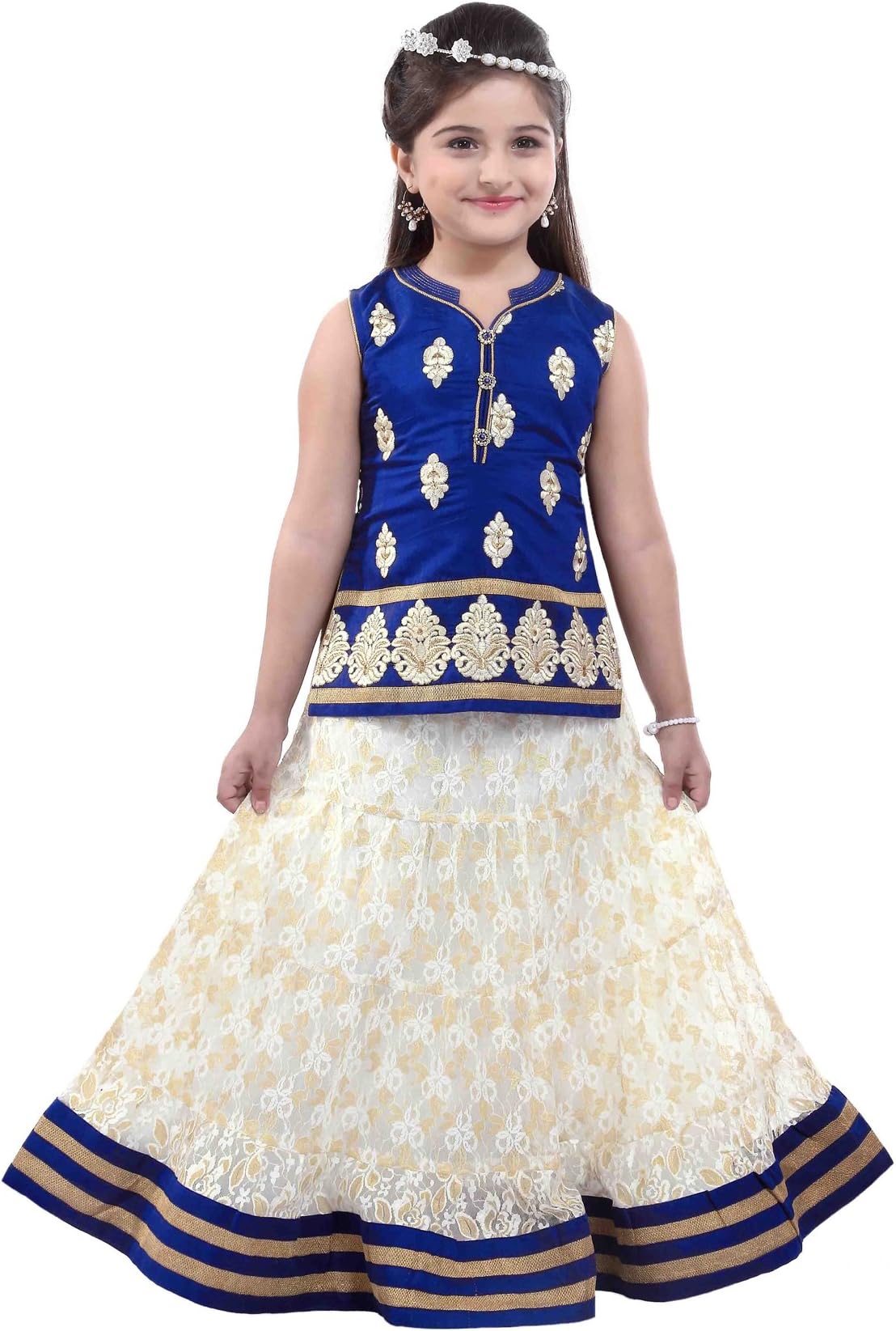 ETHNICAL KIDS Girls' Indian Ethnic Wear Dupion And Netted Fabric Lehenga Choli Blue
