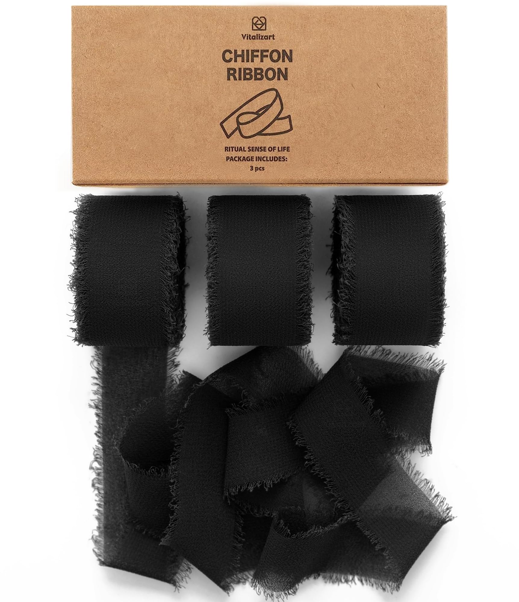 Photo 1 of Vitalizart Black Chiffon Silk Ribbon 1" x 21 Yd Fringe Fabric Package (3 Rolls * 7 Yd) for Wedding Invitations Bridal Bouquets Decorations Gifts Wrapping & Bow Making