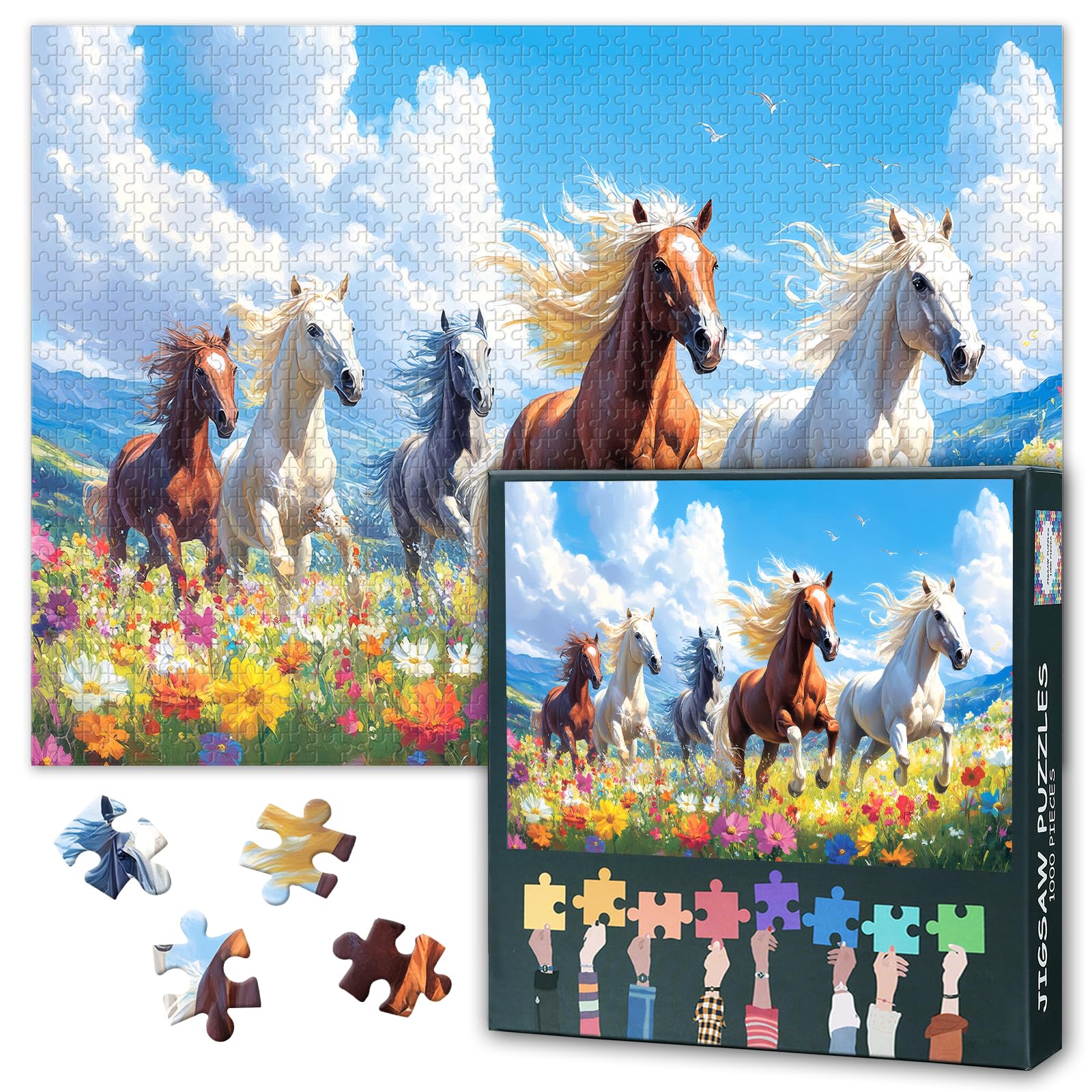 Horses Jigsaw Puzzles for Adults 1000, Difficult Family Puzzle Educational Games Home Decoration Animals Theme, Flower Field Challenging Puzzles for Adults Men & Women Gift (27.5"x19.7") — image 1