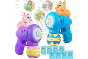 ELLINJAN 2 Pack Easter Bubble Gun Machine for Toddlers, Easter Basket Stuffers for Kids Boys Girls, Automatic Light Up Bubble Blower with 4 Bottles Refill Solution, Bunny Bubble Maker Toys for Party Favor