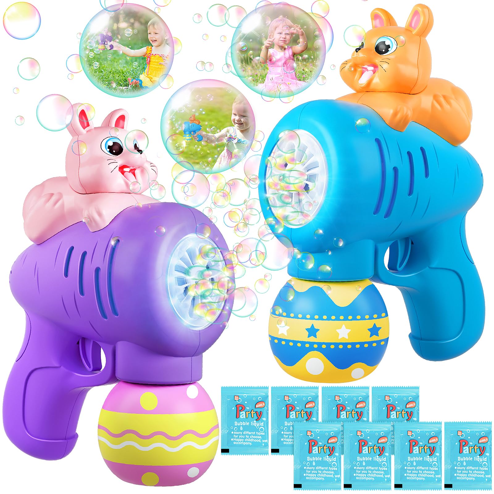 2 Pack Easter Bubble Gun Machine for Toddlers, Easter Basket Stuffers for Kids Boys Girls, Automatic Light Up Bubble Blower with 4 Bottles Refill Solution, Bunny Bubble Maker Toys for Party Favor
