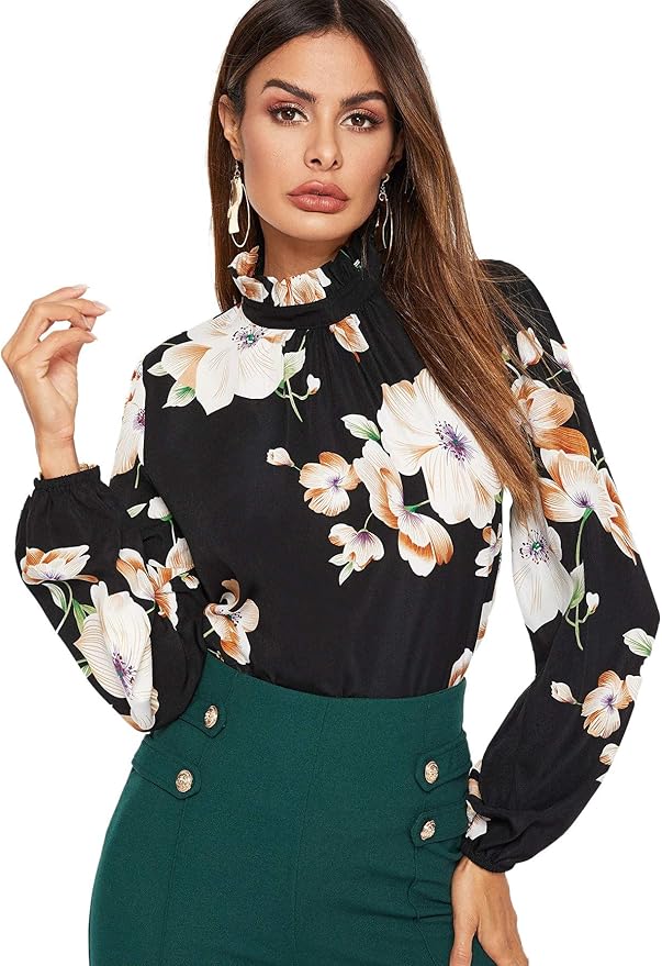 Floerns Women's Floral Print High Neck Long Sleeve Chiffon Blouse