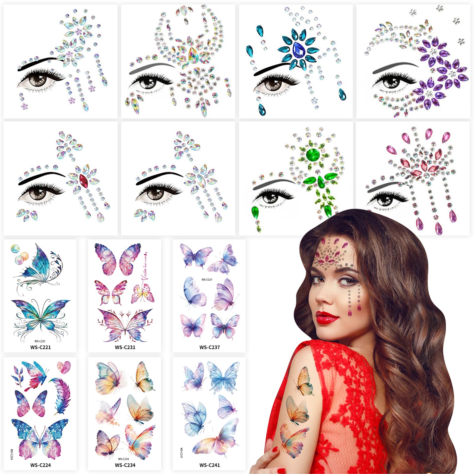 JSTHHTT 8 PCS Face Gems Glitter and 6 PCS Temporary Butterfly Tattoos, Rhinestone Face Glitter, Festival Face Stickers Set, Temporary Tattoos, for Halloween Party, Rave Festival