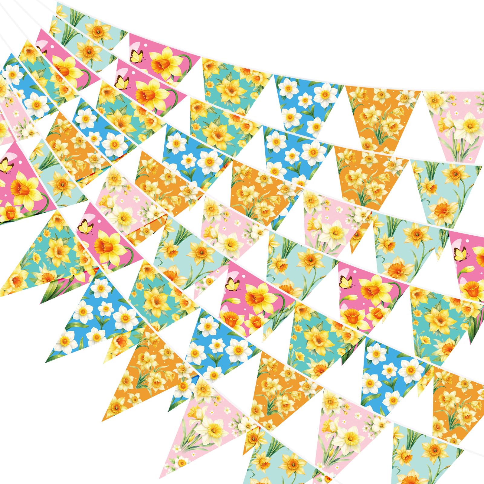 G2PLUS Double-sided Daffodil Theme Bunting: 48PCS Paper Garland Banner with Daffodil Printed, 12m for St David's Day, Anniversary, Birthday Party, Bridal Shower, Baby Shower, Tea-party Decoration