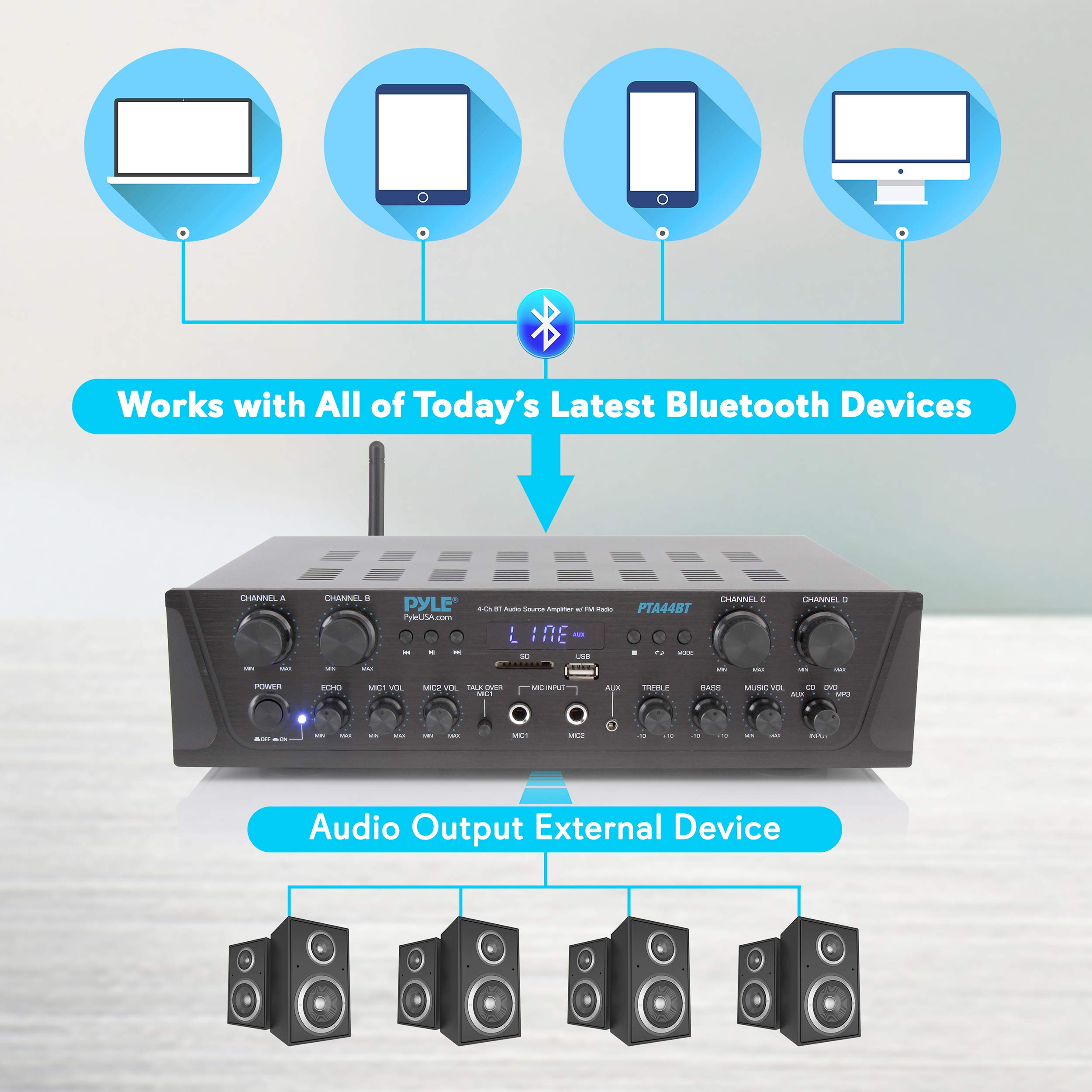Pyle 500W Karaoke Wireless Bluetooth Amplifier - 4 Channel Stereo Audio Home Theater Speaker Sound Power Receiver w/ AUX IN, FM, RCA Subwoofer Speakers OUT, USB, Microphone IN w/ Echo - Pyle PTA44BT.5