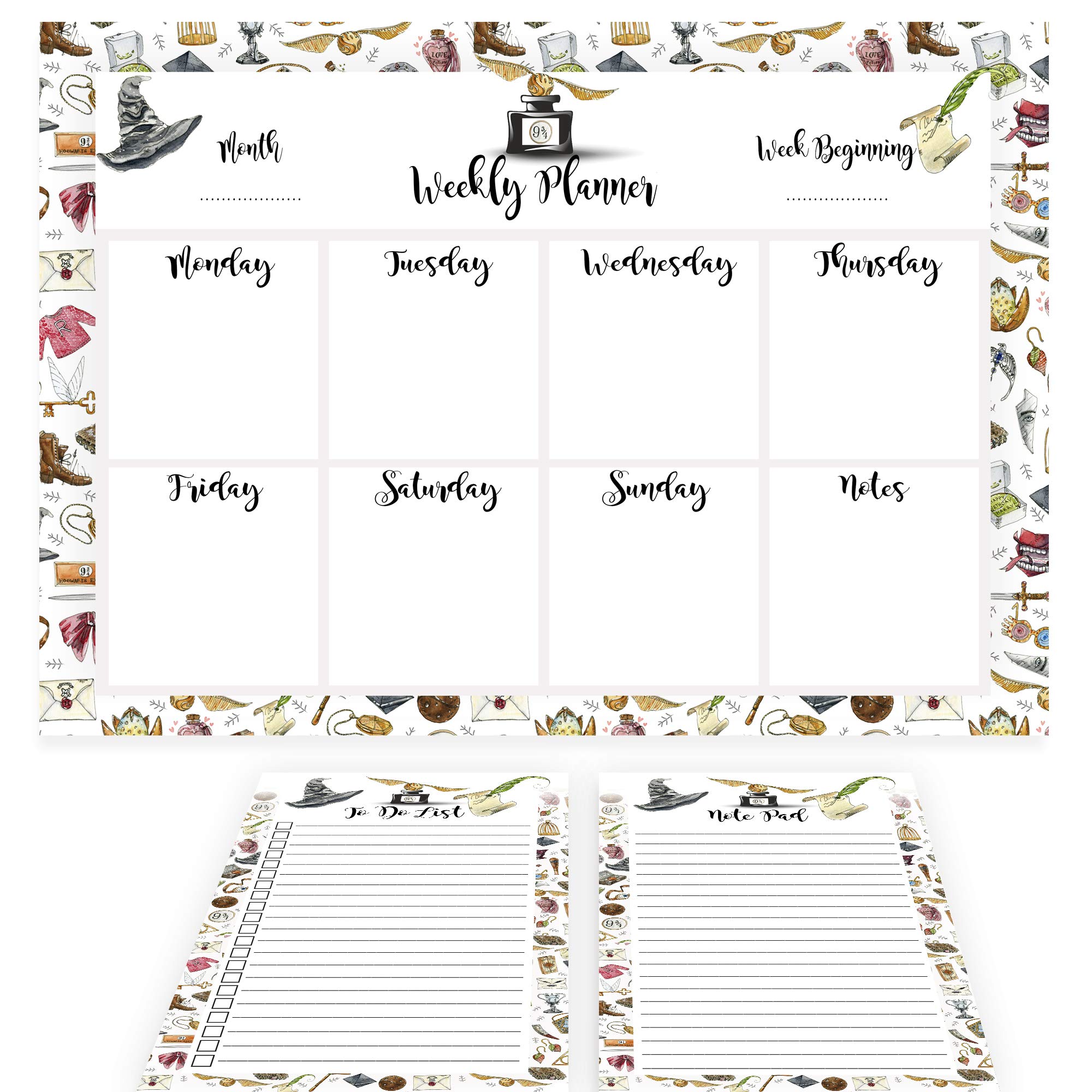 Weekly Planner 3 Piece Set A4 Deskpad Slim To Do List & NotePad Daily Planning Shopping Lists Magnetic Backed Stationary Set (Magic and Wizards)