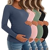 Riyiper 4 Pack Women's Maternity Shirts, Long Sleeve Cotton Ribbed Pregnancy Tee Top Crewneck Side Ruched Casual Mama Clothes