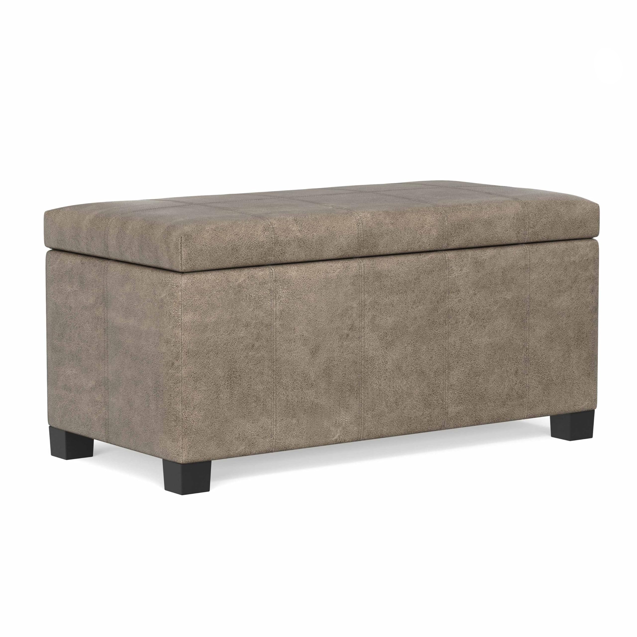 SIMPLIHOME Dover Storage Ottoman Bench - 36 inch Wide Upholstered Vegan Leather Rectangular Lift-Top Ottoman in Distressed Smoky Grey Brown, Contemporary Bench for Living Room with Safety Hinges Image