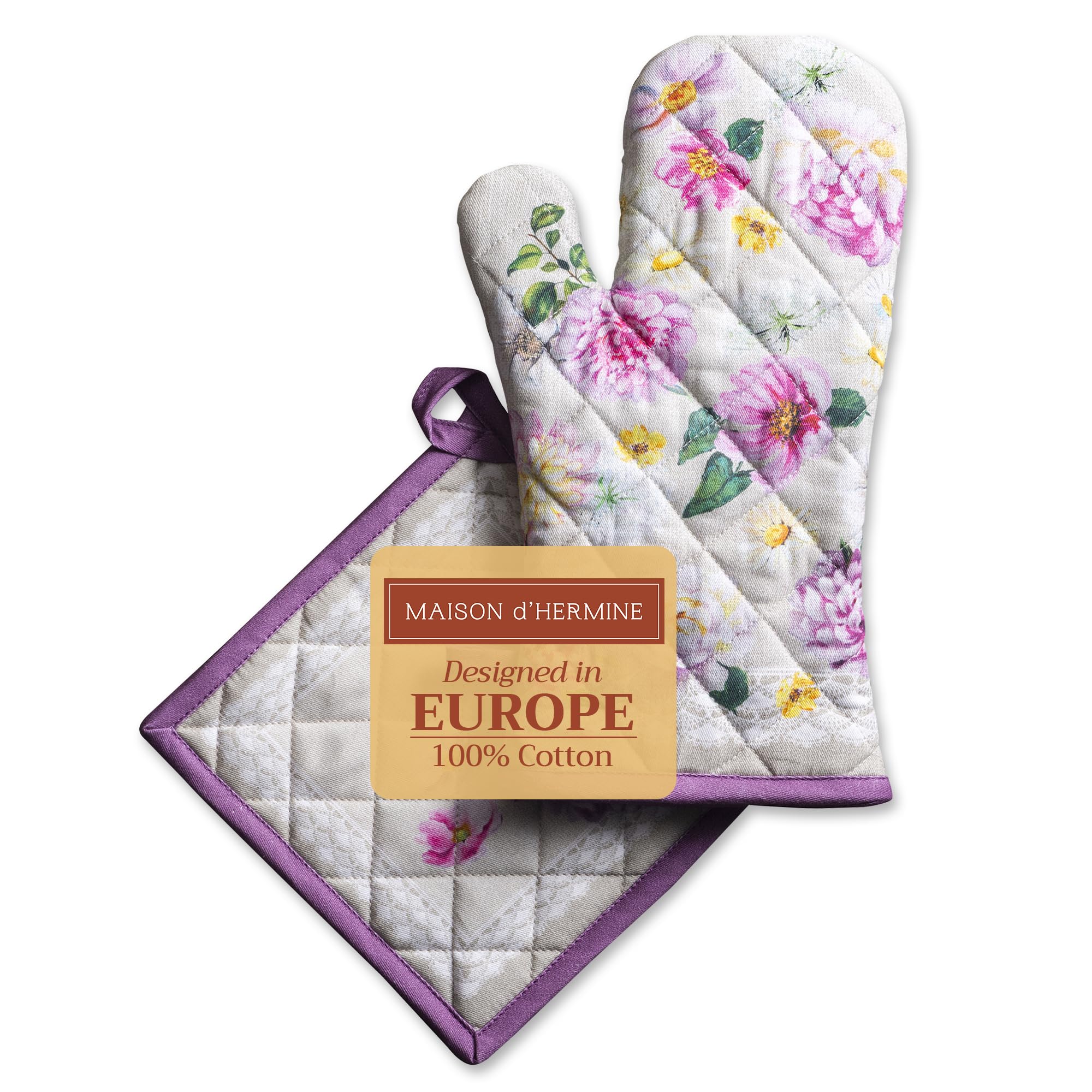 Maison d' Hermine 100% Cotton Oven Mitt & Pot Holder Set (19 x 33 cm & 20 x 20 cm) Heat Resistant BBQ Cooking Gloves with Loop for Baking Handling Hot Pans Gifts for Mothers Day (Pivoine)
