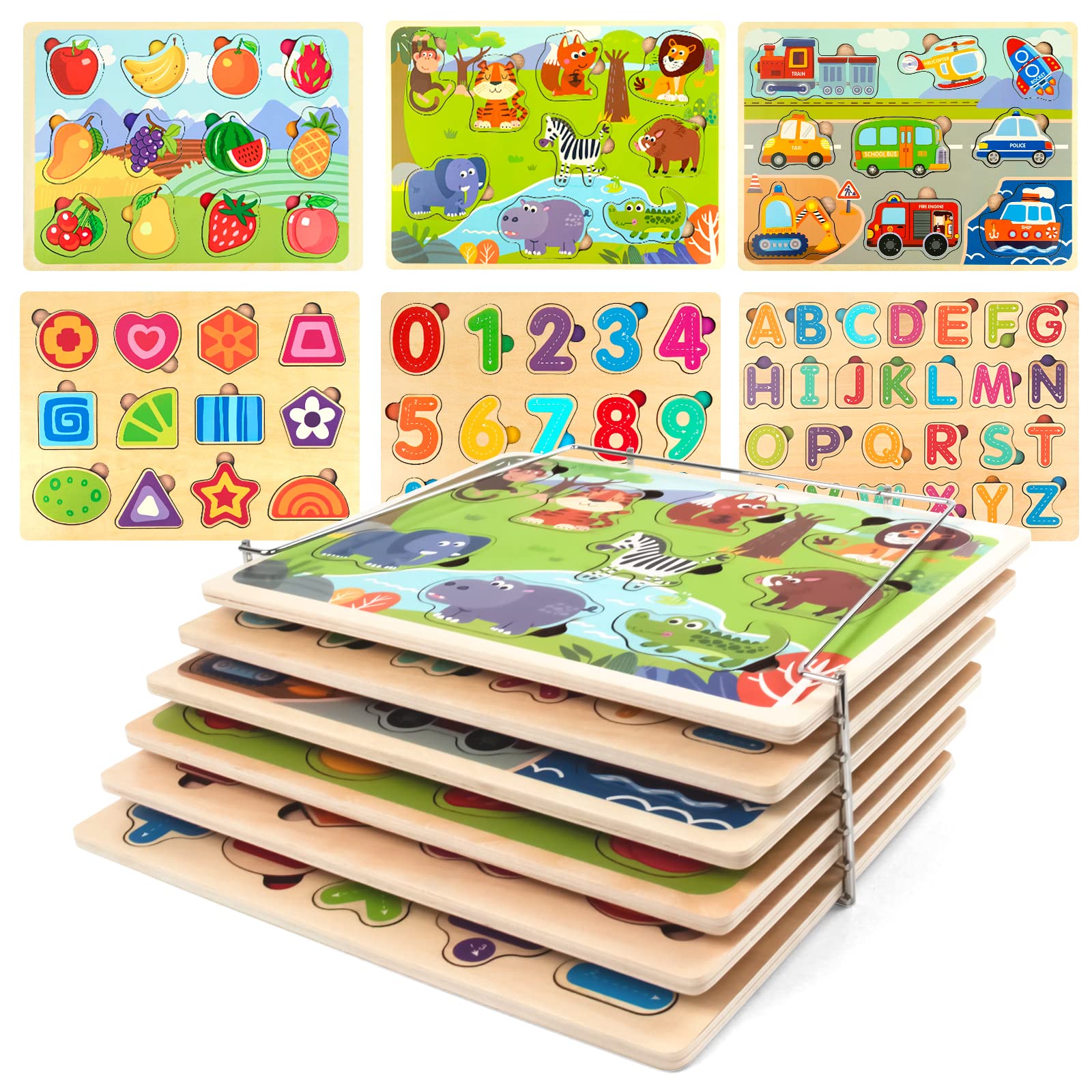 Photo 1 of *****MISSING Q ****** Wooden Puzzles for Toddlers with Storage Rack, WOOD CITY Toddler Puzzles Ages 3-6 for Kids, Learning Preschool Wood Puzzle for Boys and Girls-6 Pack Alphabet Number Shape Fruit Animal Vehicle