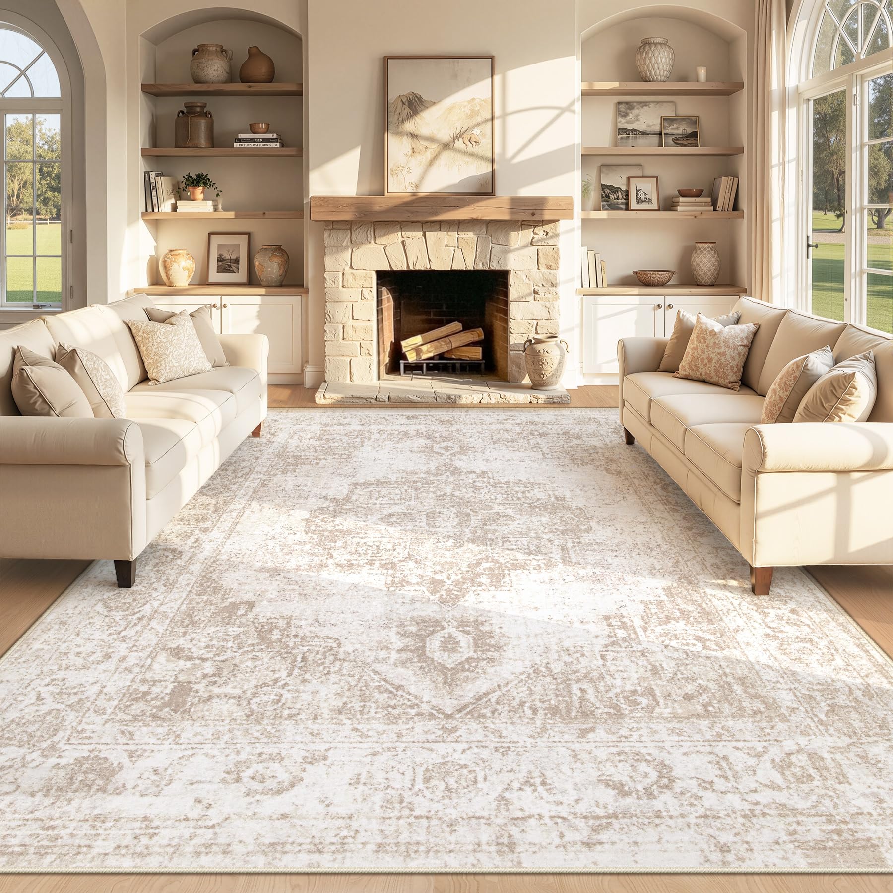 Photo 1 of **USED**DIRTY** Area Rug 8x10 Vintage Rug: Large Washable Indoor Medallion Rugs Low Pile Distressed Floor Carpet Retro Accent Rug for Living Room Bedroom Kitchen Dining Table Home Office(Beige, 8'x10')