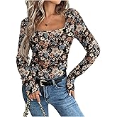 WDIRARA Women's Floral Square Neck T Shirts Ruched Long Sleeve Tee Shirt Tops