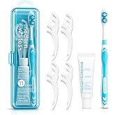 Modern Whites Travel Toothbrush and Flosser Set, TSA Friendly, Pack of 1 | 11 Floss Picks, Xylitol Toothpaste, Soft Bristles &amp; Compact Snap-Shut Case, Carry-On Ready Dental Kit, Fluoride Free Formula