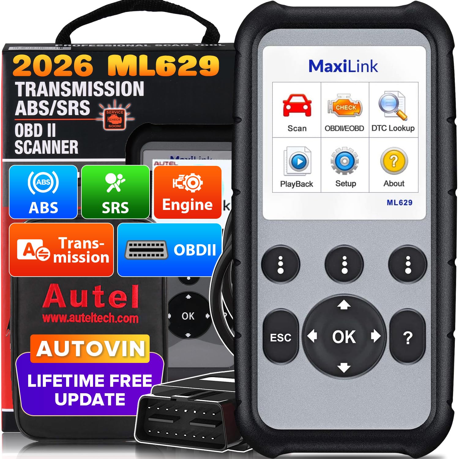 Autel MaxiLink ML629 Car OBD2 Scanner Code Reader Check Engine ABS SRS Transmission Diagnostic Scan Tool w/AutoVIN, Full OBDII, DTC Lookup, Ready Test, Data Playback/Printing, Up of ML619 AL619