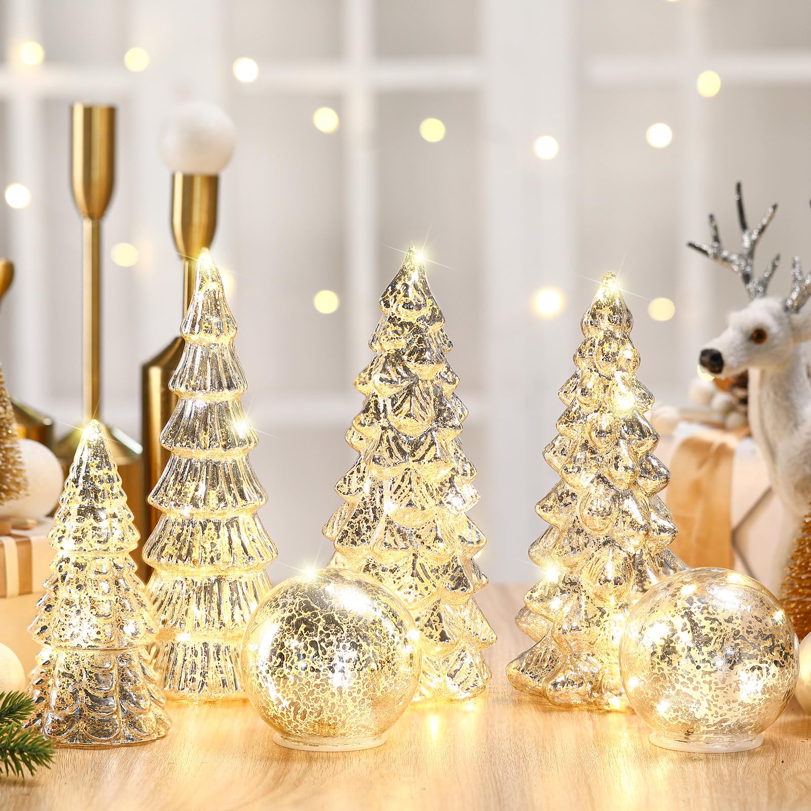 Photo 1 of Syhood 6 Pcs Silver Mercury Glass Christmas Tree for Tabletop Light up Figurine Christmas Tree Mercury Cracked Glass Globe with Light for Xmas Decor Home Party Centerpiece Mantel Gift