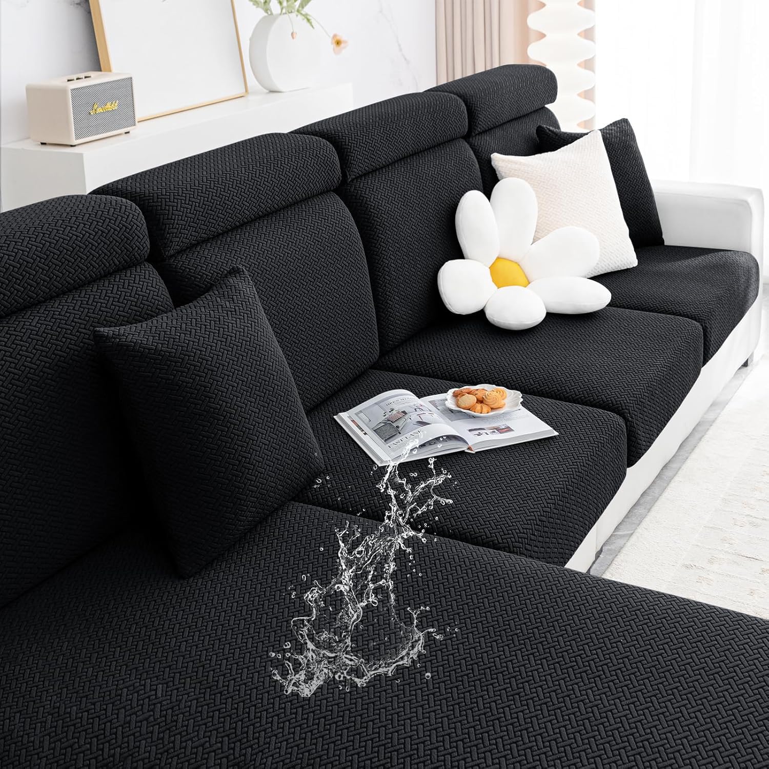 Photo 1 of ++NOT COMPLETE+++Smiry Waterproof Couch Cushion Covers, Stretch Jacquard Thick Sofa Cushion Covers, Washable Seat Slipcover Elastic Furniture Protector for Pets, Kid (Medium, Black)