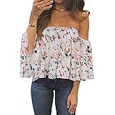 Bluetime Women Summer Off Shoulder Chiffon Blouse Ruffles Short Sleeves Tops Casual T Shirt
