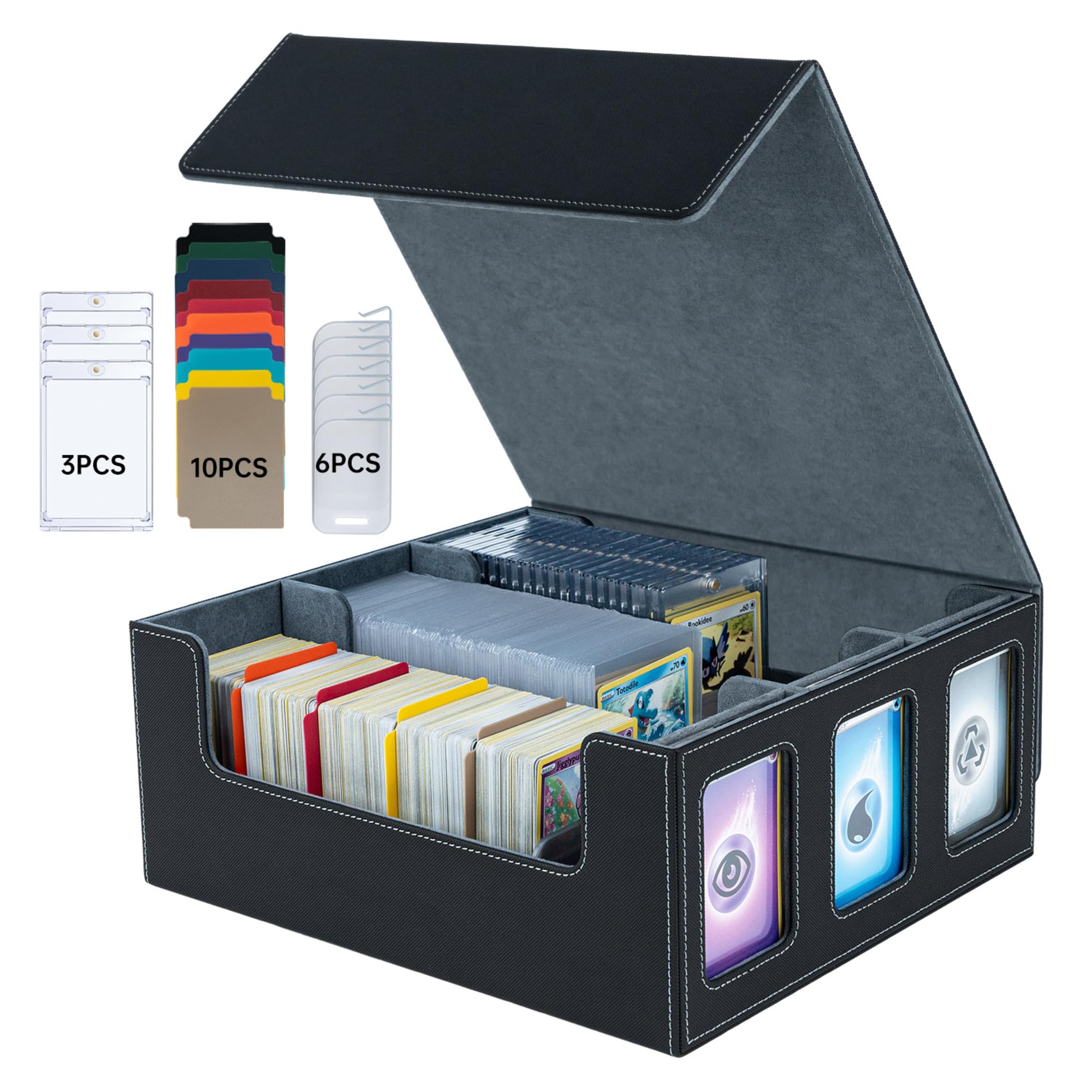 Mcbazel 3-Solt Rows Card Storage Box Holds 1800+ Cards Deck Box with Display Windows, 3 x 35PT Magnetic Cases, 10 Dividers and 6 Clips for Gaming, MTG and Sport Cards (Black&Grey)