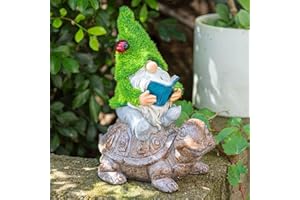 Ovewios Garden Gnome Sitting on Turtle Outdoor Statues and Sculpture with Solar Lights, Garden Gnome Solar Statues and Turtle Figurines for Patio Yard Lawn Porch Decorations