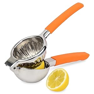 #1 Lemon Squeezer - Premium Jumbo Size - Easy Extract - Heavy Duty Single Press Citrus Squeezer - in Bright Orange Silicone Handle - Made with Strong 18/10 Stainless Steel - by UrbanBasics