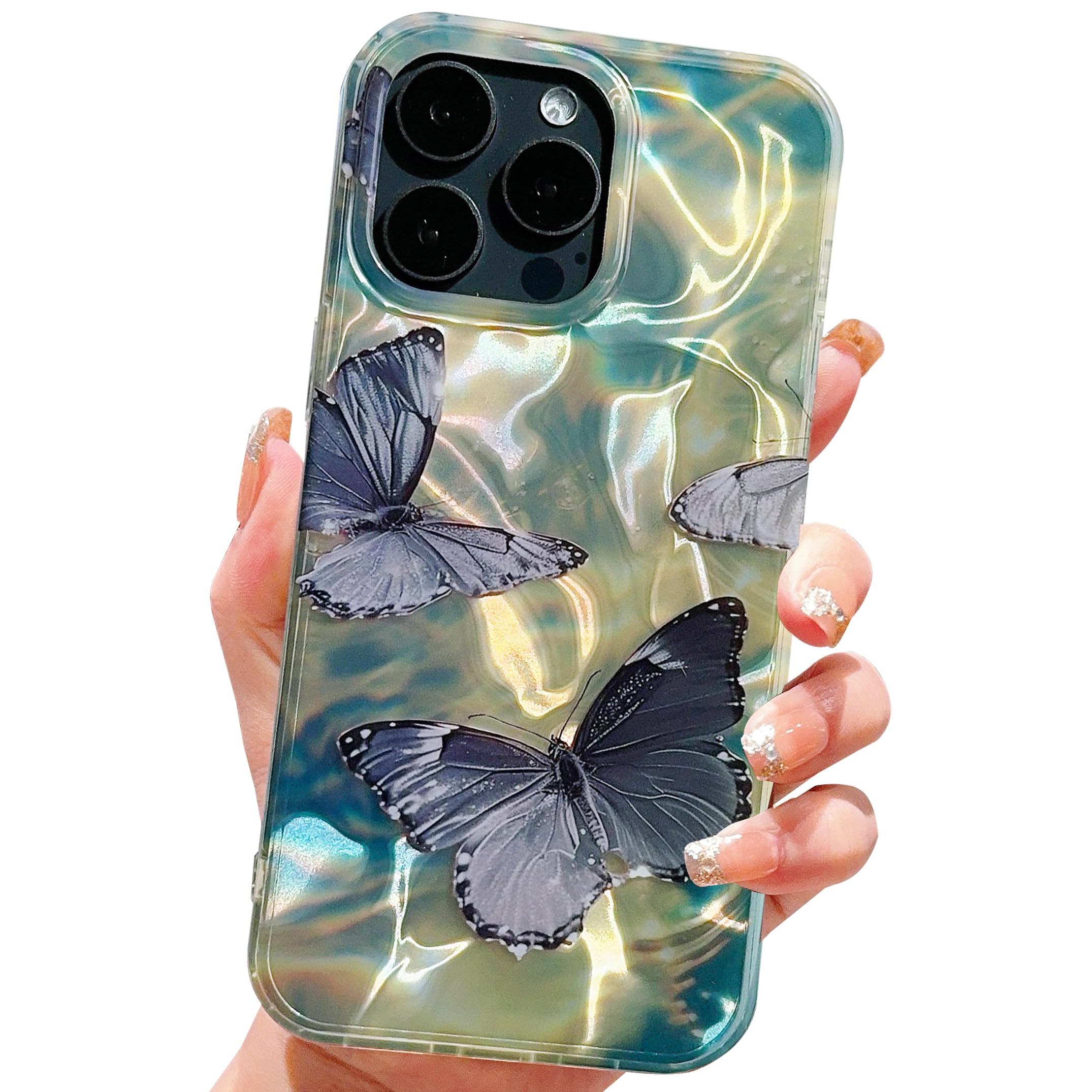 HZYKDWD Compatible for iPhone 15 Pro Max Case 6.7 Inch,Cute Butterfly Quicksand Bling Sparkle Hard Back Art Pattern Design for Soft TPU Shockproof Phone Case for Women Girls-Black Purple