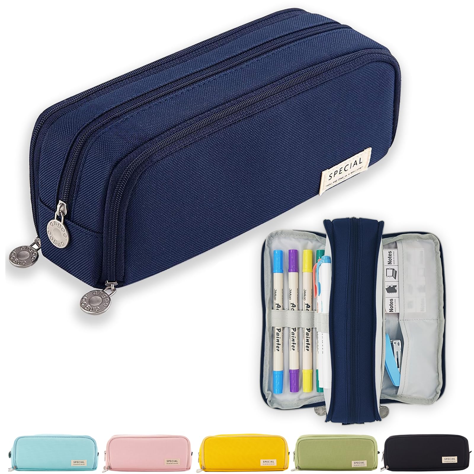 X SIM FITNESSX Pencil Case for Teens and Girls - 3 Compartments - Large Capacity - School and Office - Dark Blue - Ear Plug