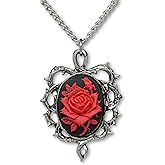 Real Metal Gothic Red Rose Cameo In Thorns Pendant Necklace