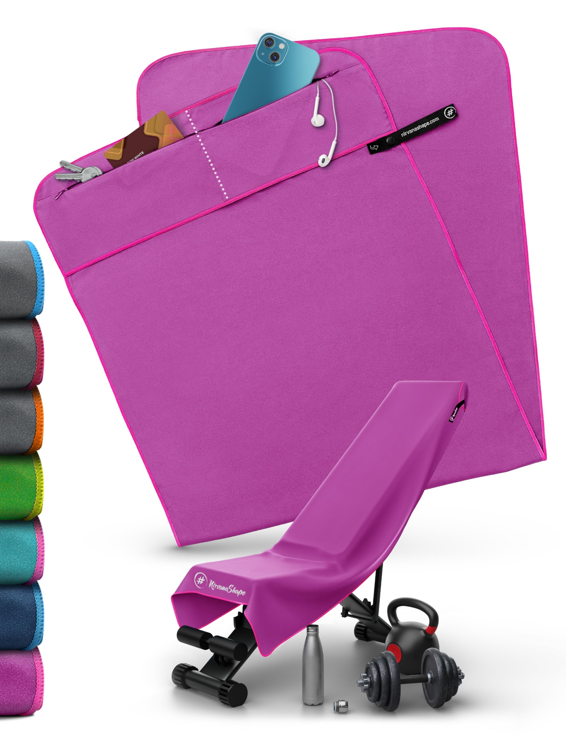 NirvanaShape Gym Towel | Microfibre Gym Towel with Magnetic Clip | Absorbent & Quick-Drying | 125 x 48 cm | Grey with Blue Trim