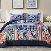 DJY Patchwork Quilt Set Queen Size Navy Blue Bedspread Boho Paisley Floral Pattern Quilt Bedding Set, 3 Pieces Blue Bohemian Soft Lightweight Coverlet for All Season 96''x90''
