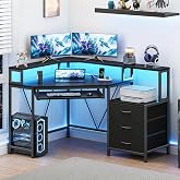 47" Corner Desk with Drawers, Power Outlets ＆ Printer Shelf for Small Space | Small Computer Desk with Monitor Stand, Triangle Gaming Desk with LED Lights and Keyboard Tray, Black