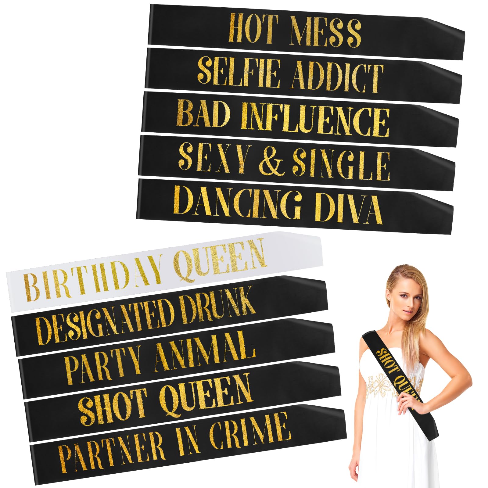 10 Pack Birthday Sash,Satin Birthday Queen Sashs,Personalised Sash Accessories With Gold Text for Women Girls Party Favors Decorations(Black+White)