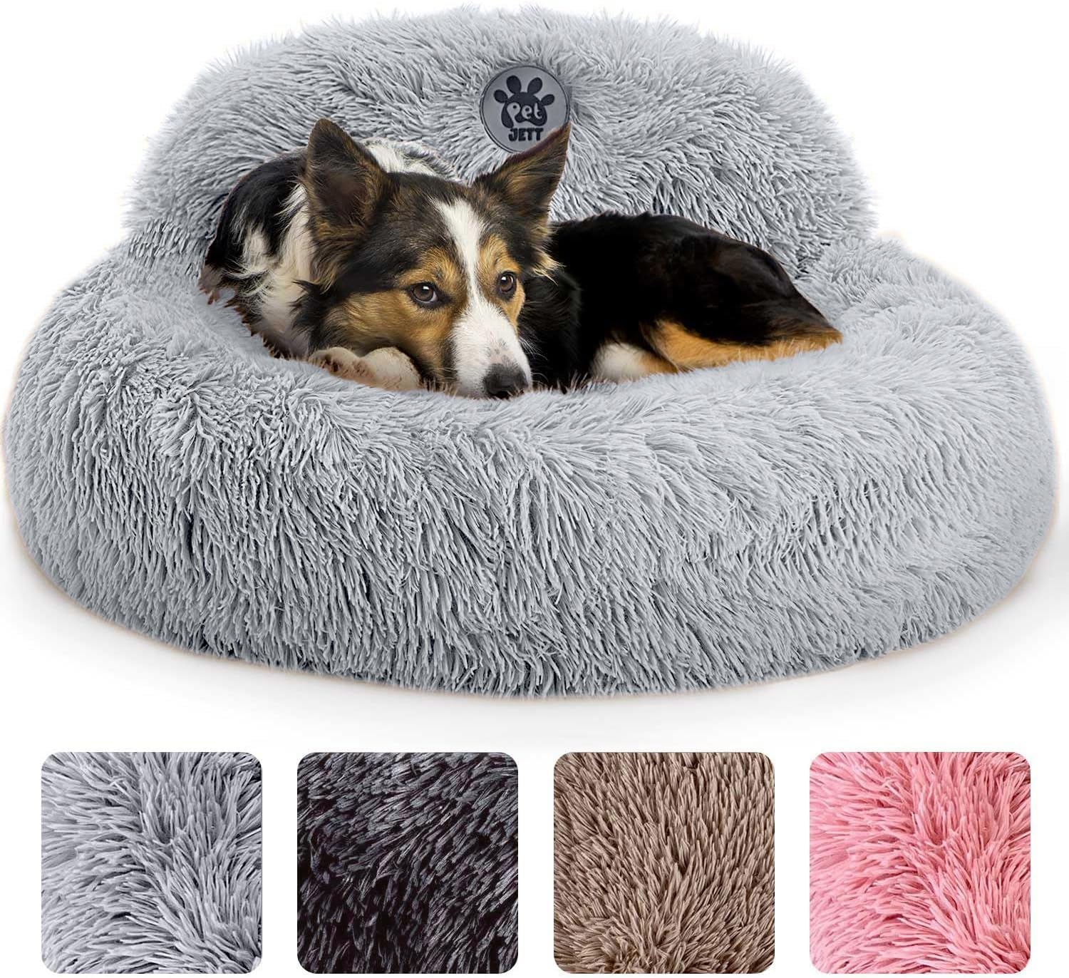 Photo 1 of PetJett Calming Dog Bed Medium Size Dog - 30'' Donut Bed, Anti-Slip & Washable Super Soft Fluffy Plush Round Bed, Anti-Anxiety Premium Comfort Pet Bed, Fits Dogs up to 45 lbs - Bright Grey