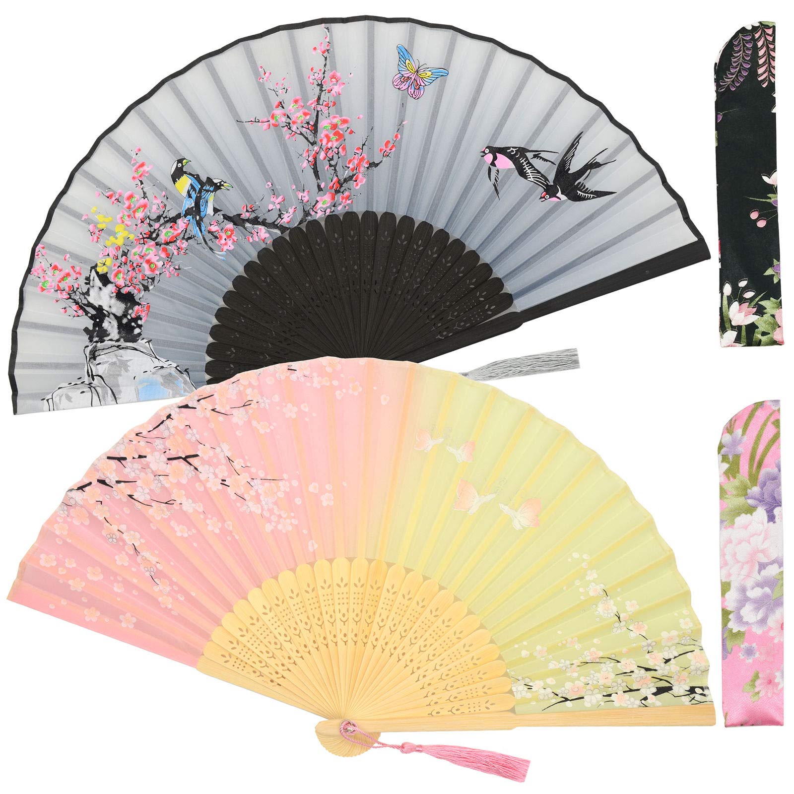 Zolee 2 PCS Small Folding Hand Fans for Women - Chinese Japanese Vintage Bamboo Silk Fans - for Dance, Performance, Decoration, Wedding, Party，Gift (Pink Butterfly & Gray Bird)