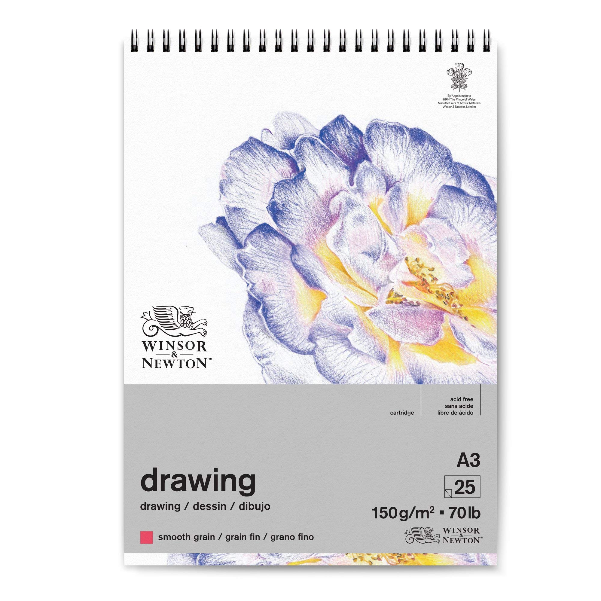 Winsor and Newton 6691003 Drawing Smooth Spiral Pad, A3 Size, 25 Sheet, 150gsm, Pack of 3