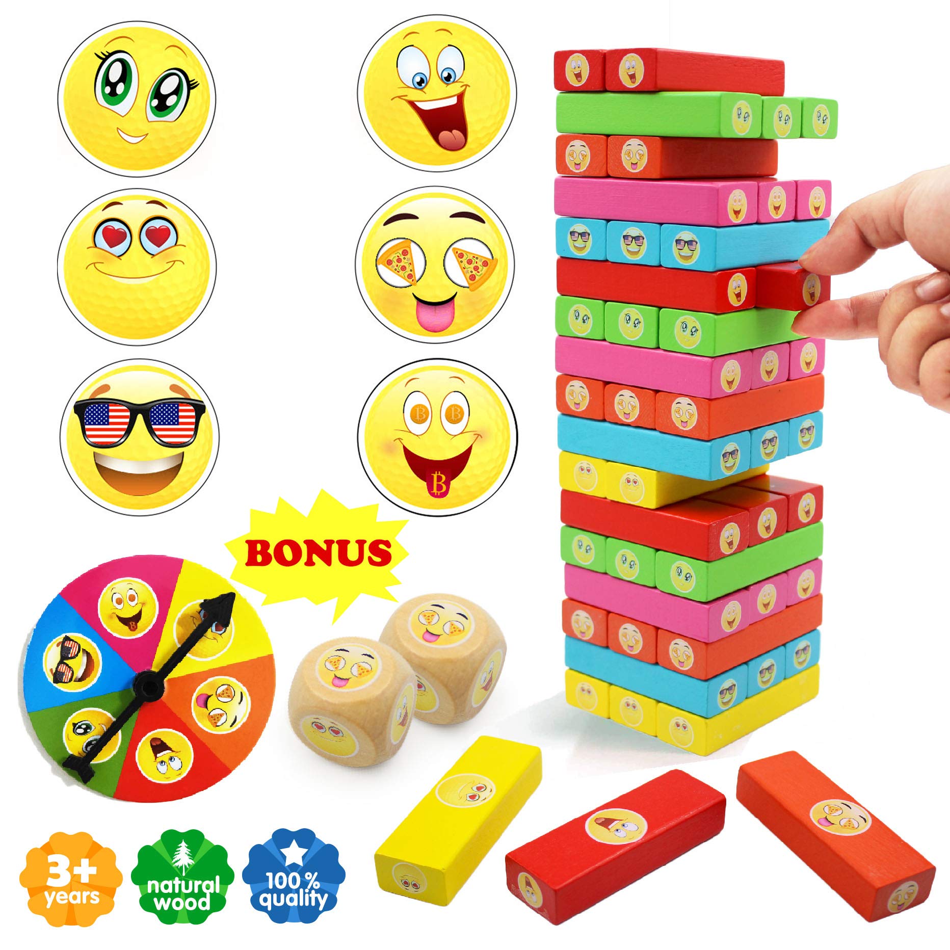 ShooBacK Tumbling Stacking Color Blocks for Kids 51 Pcs Plus Roulette and 2 Dices,Wooden Colored Toppling Stacking Game for Boys and Girls at Age 3 Years Old and up.