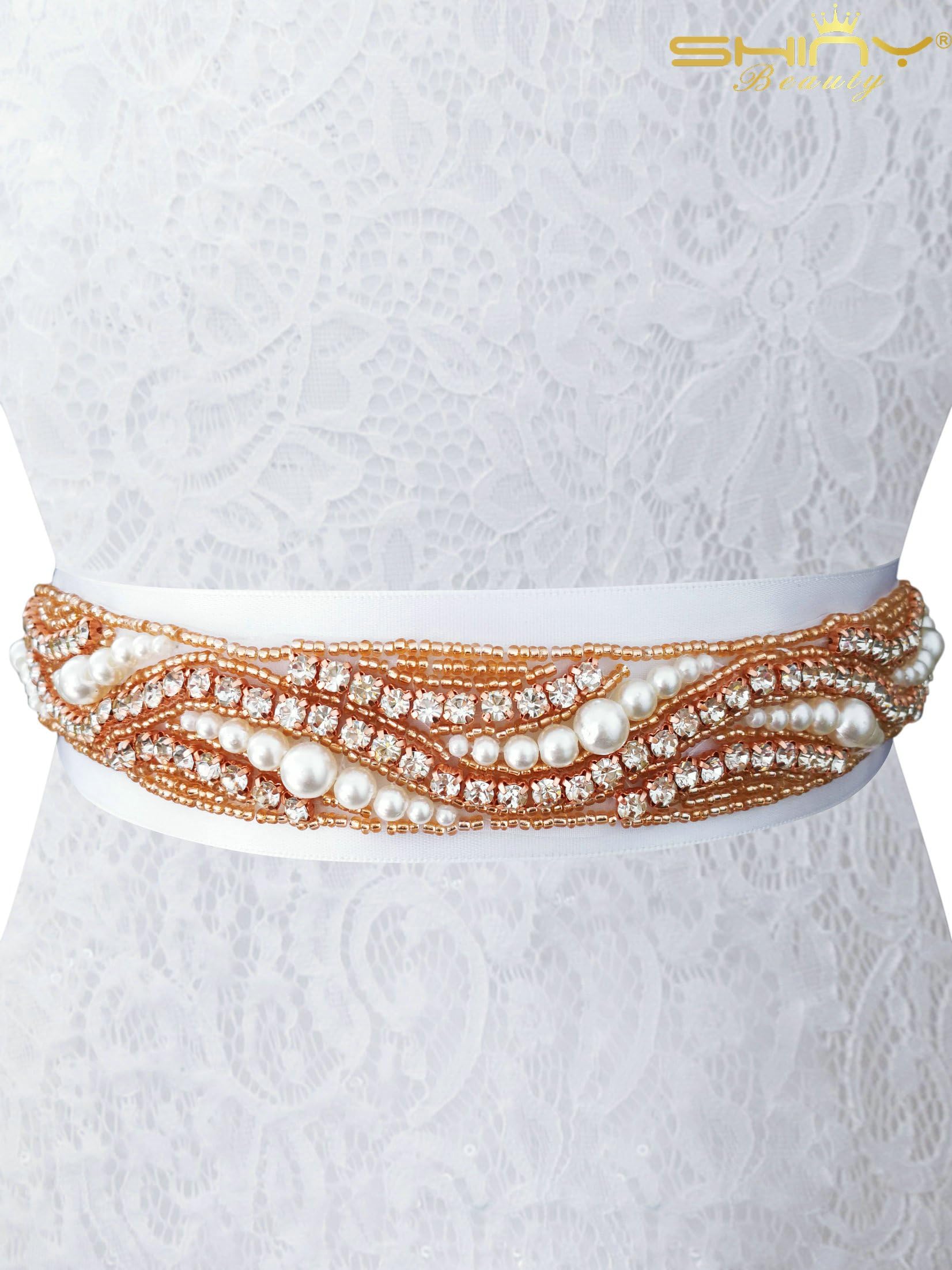 ShiDianYi Wedding Belt Bridal Belt Wedding Dress Belt Rhinestone Belt for Women Bridal Belt for Wedding Gown Crystal Belt Rose Gold Bridal Belt Beaded Belt for Wedding Dress Bridal Trim RA280