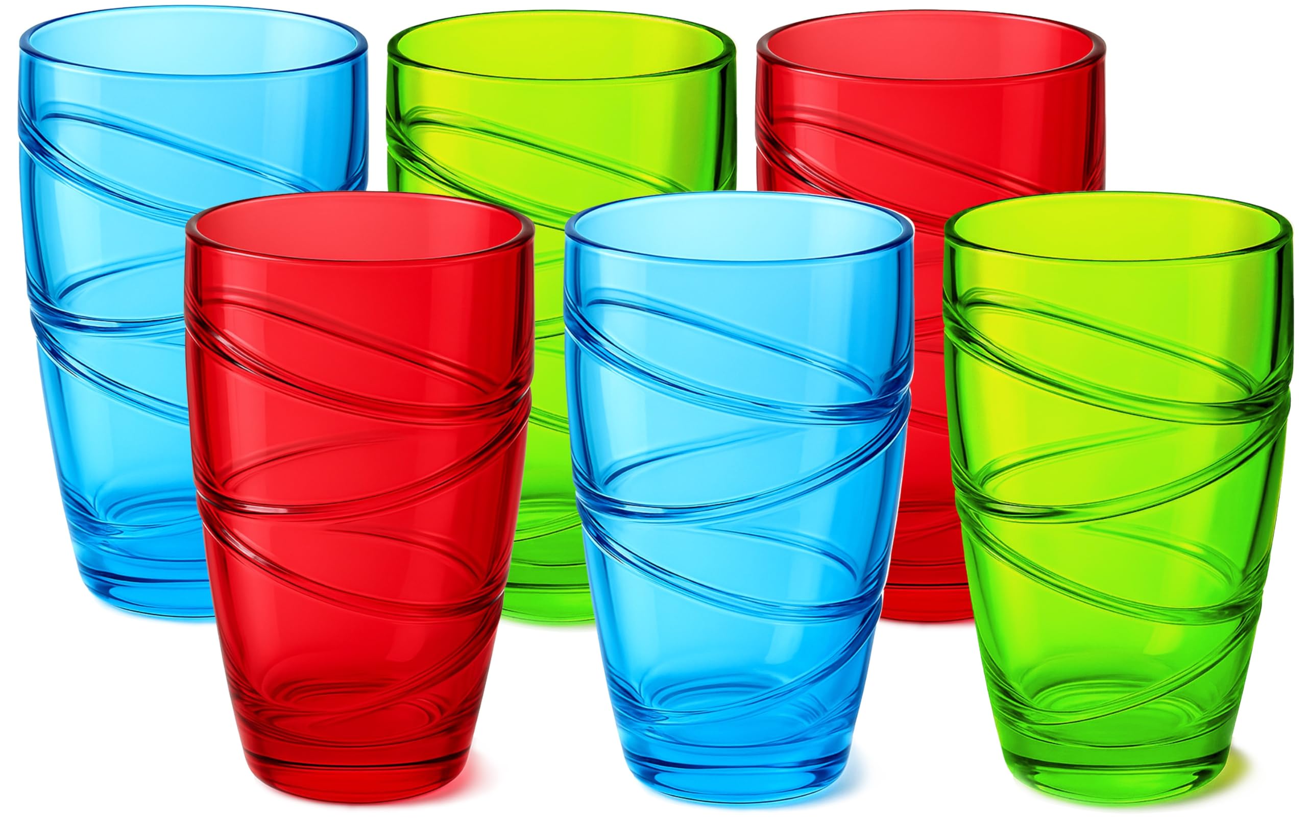 Set of 6 Plastic Tumblers - 500ml Coloured Plastic Drinking Glasses with Swirl Design, Reusable, Unbreakable, Stackable Garden Glasses, Acrylic Tumblers for Adults, Kids, Picnic, Camping, Party