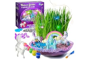 BRYTE Light Up Unicorn Terrarium Kit - Blue & Pink Round Plastic Dome, Ages 4-12 - Fairy Garden Kids Kit with Seeds & Terrarium Rock