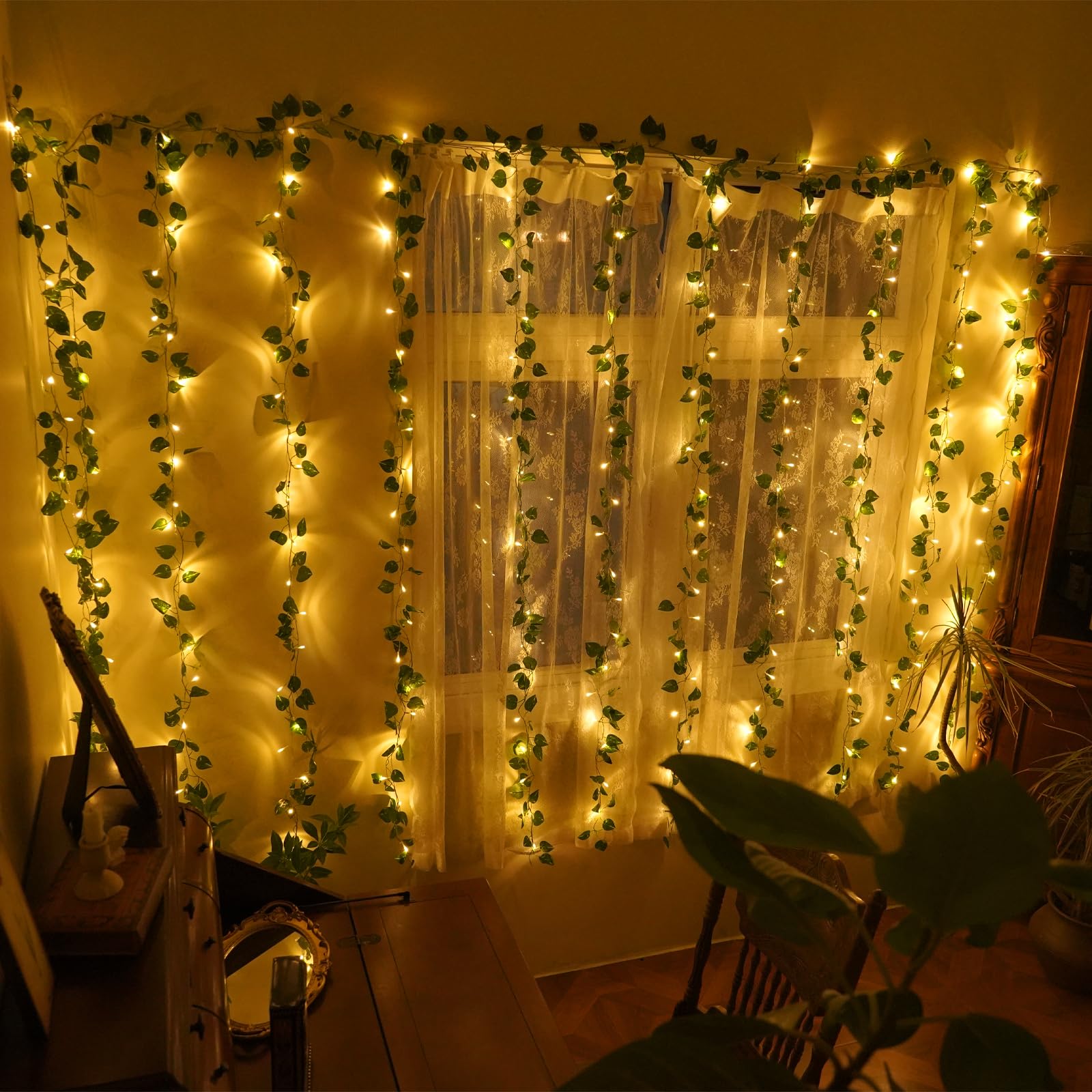 Photo 1 of Lfasww Led Ivy Vine Lights 12 Pack 9.4 FT * 6.2 FT Artificial Ivy with 240 Curtain Lights 8 Modes Room Vines for Bedroom Wall Weddings Party Christmas Garden Festival Decor