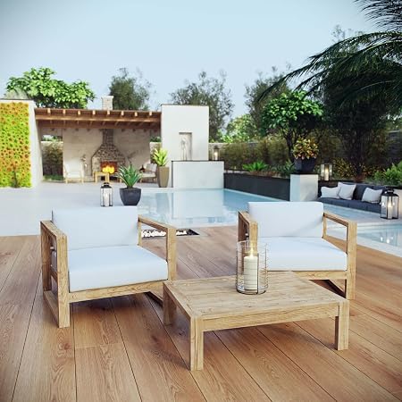 Amazon Com Modway Upland Teak Wood Outdoor Patio 3 Piece Sectional Sofa Set With Cushions In Natural White Garden Outdoor