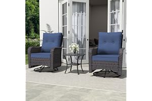 ALAULM Outdoor Swivel Rocking Chairs Set of 2 with 4”Thick Cushions and High Back, Wicker Patio Chairs w/Side Table for Patio, Porch, Poolside, Deck, Backyard, Garden-Dark Blue