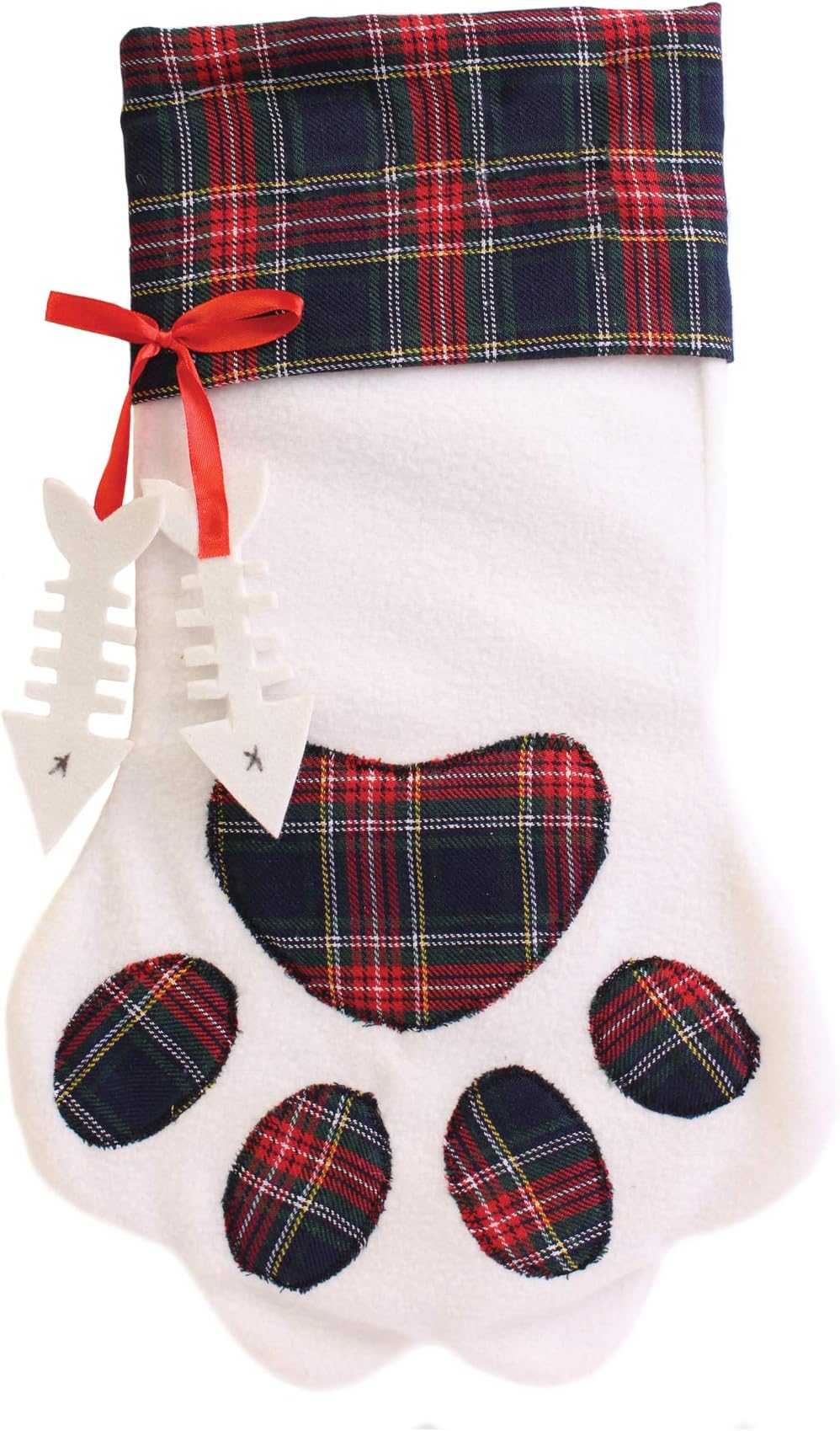 Festive Wonderland White Christmas Pet Stocking with Tartan Paw Print - Cat