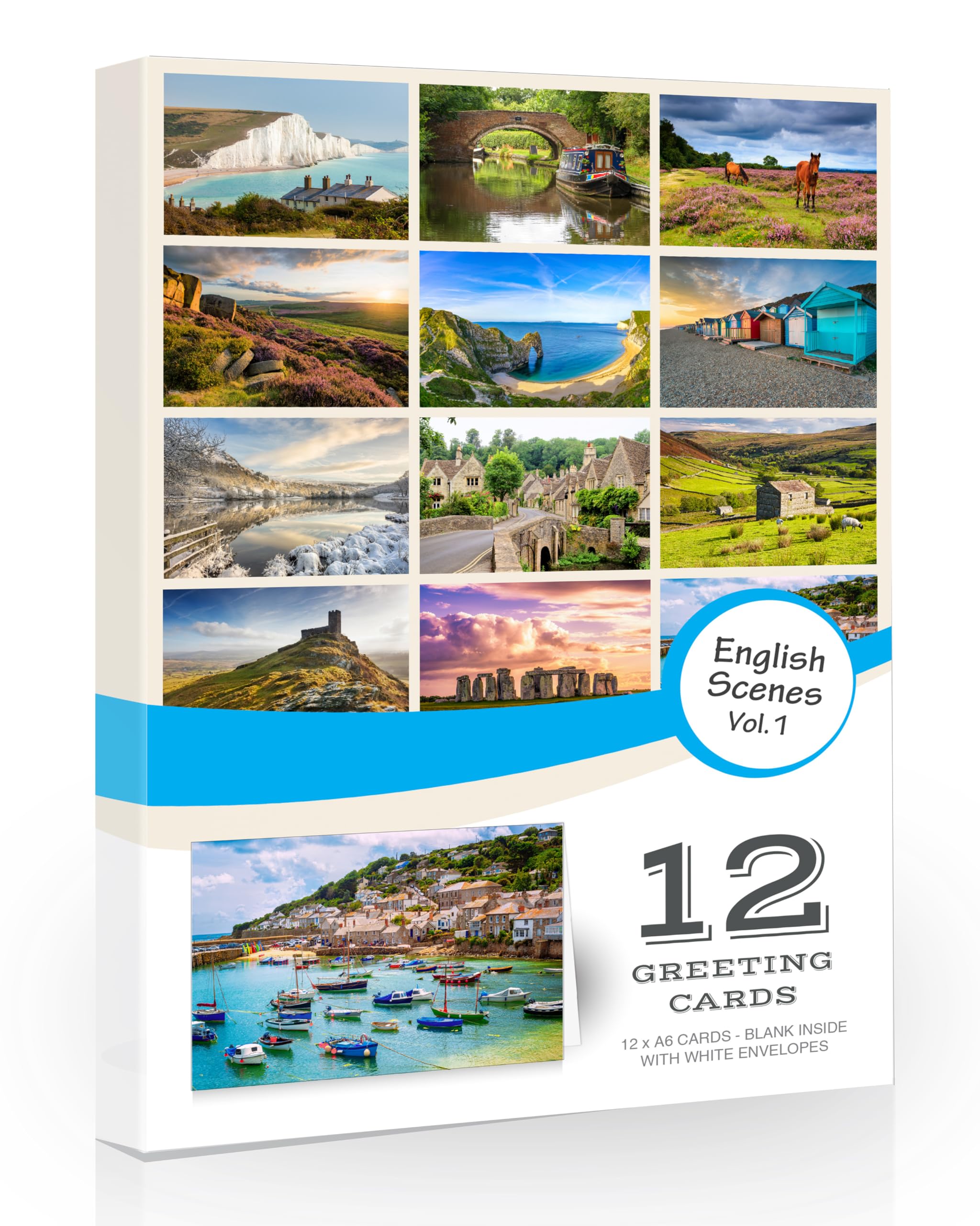 12 x English Landscapes Vol.1 Folding Greeting Cards with Envelopes. English Natural Attractions. Designed and Printed in the UK. Blank Inside for All Occasions